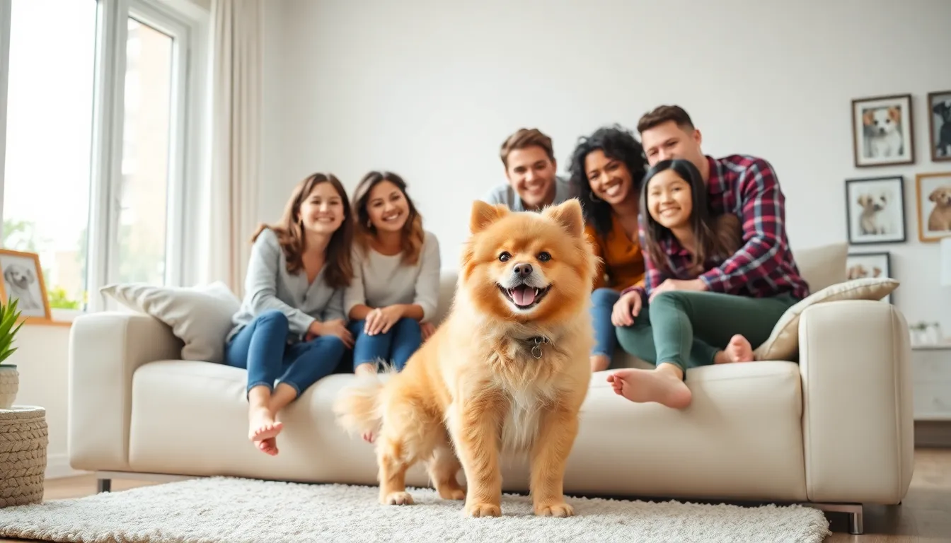Puppipappi dog playing with a diverse family in a modern living room.
